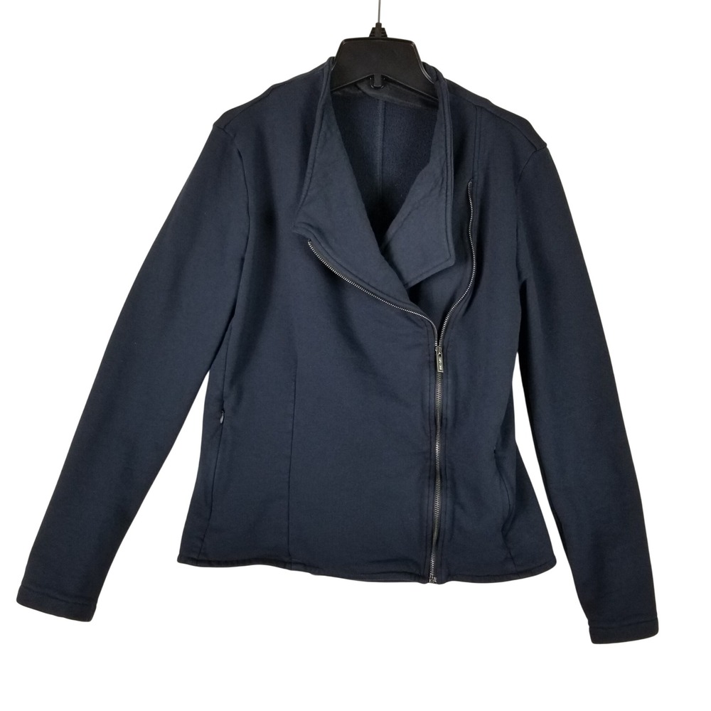 Saint + Sofia Moto Jacket Women 12 Navy Blue Organic Cotton Asymmetrical Zip